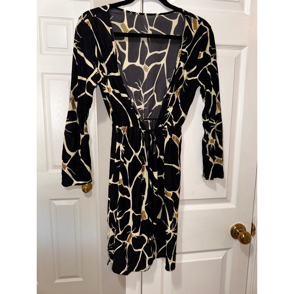 Tara Grinna Black Cream Abstract Print Long‎ Sleeve V-Neck Cover Up Dress Size M